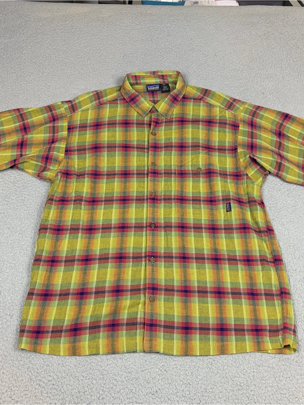 Vintage Patagonia Organic Cotton Shirt L Yellow Red Plaid Short-Sleeve Button-Up